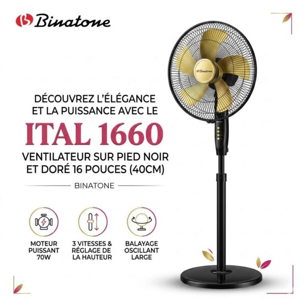 Ventilateur BINATONE 16" Sur Pied Noir Doré